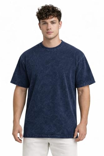 Image of VEL Plain 240 GSM Heavy Cotton Acid wash Oversized Tshirt Men Drop Shoulder Half Sleeves Round Neck Solid Cotton T-Shirts for Men