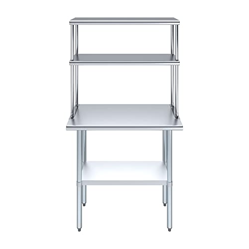 Image of AmGood Stainless Steel Work Table with 12 inch Wide Double Tier Overshelf | Metal Kitchen Prep Table & Shelving Combo | NSF (Stainless Steel Table with Double Overshelves, 36 inch Long x 18 inch Deep)