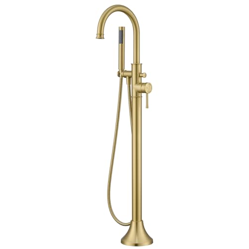 Wowkk Free Standing Tub Faucet Brushed Gold Freestanding Bathtub Faucet Floor Mount Brass Bathroom...