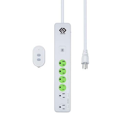 OSKOS Extensión de 6 tomas para uso interior con control remoto inalámbrico, rango RF de 100 pies, interruptor remoto expandable para electrodomésticos, incluye una batería de litio de 3 voltios, 15A/1800W, listado UL