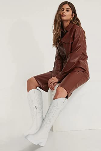 Uacllcau Cowgirl Boots For Women White Punk Platform Knee High Boots Round Toe Side Zipper Western Cowboy Embroidered Mid Calf Boots #TOP2