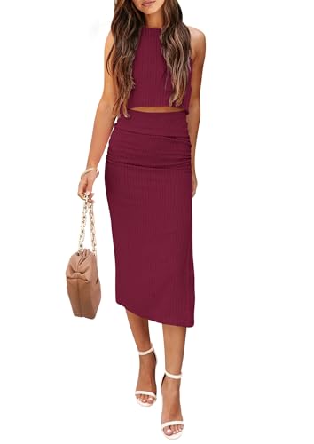 PRETTYGARDEN Women's 2 Piece Summer Outfits Crewneck Tank Tops Split