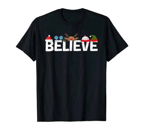 Navidad Believe Santa Claus Sombrero Árbol de Navidad Reno Cuernos Camiseta