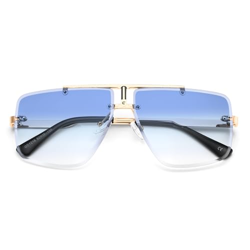 Image of Rimless Oversized Square Sunglasses for Men Trendy Fashion Big Shades Tinted Lens Gold Metal Frameless Glasses UV400