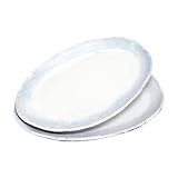 roro Handmade 12-inch Ceramic Oval Plate with Rustic Fresco outside Texture and White-Blue Reactive Glaze, Set of 2