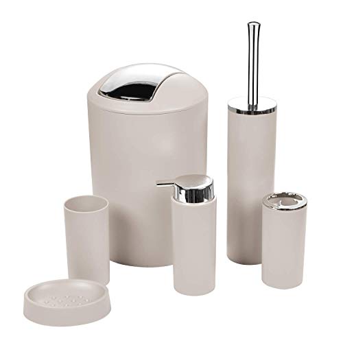 Set di accessori da bagno, 6 pezzi, set da bagno beige con cestino, scopino, dispenser per sapone, portaspazzolino, tazza e portasapone, in plastica resistente, design moderno per la casa o come
