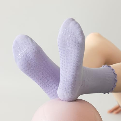 Image of 3 Pairs Pilates Socks with Grips for Women Non Slip Grip Ruffle Yoga Ankle Grippy Socks