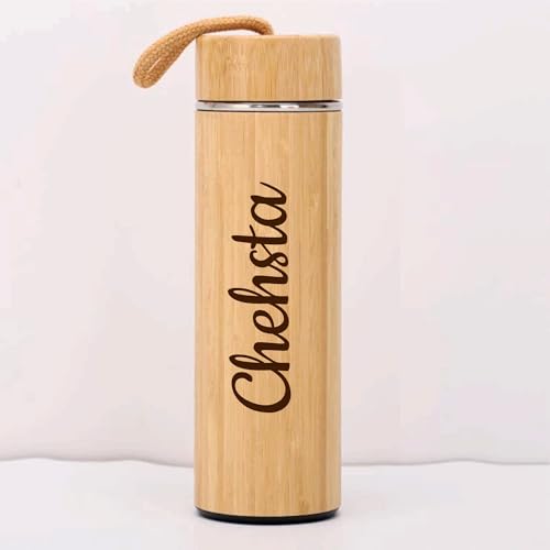 Image of Double Wall Customize Eco Friendly Bamboo Water Bottle Vacuum Insulated Personalized Your Name Logo Brand Flask Steel with Handle for Hot & Cold Drink 500ml