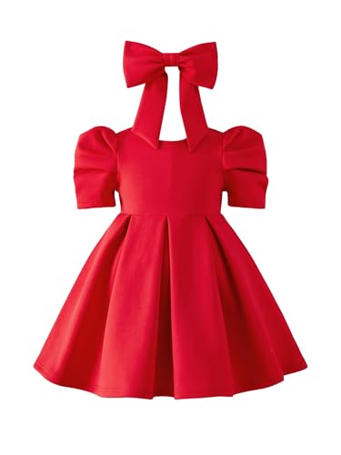 OYOANGLE Girl's Cute Short Puff Sleeve Round Neck Bow Back Flared A Line Short Dress Birthday Outfits