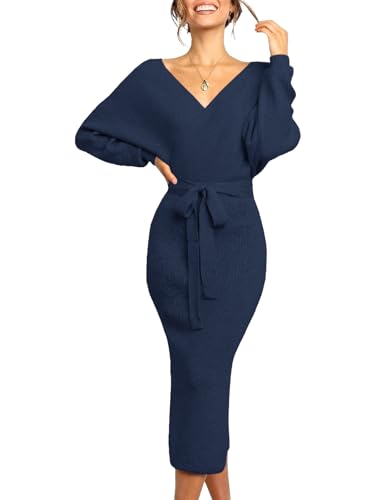 Image of Chang Yun Women's Long Maxi Sweater Dresses Sexy Wrap Batwing V Neck Slit Open Back Holiday Bodycon Dress with Belt
