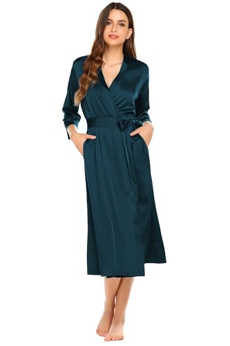Ekouaer Satin Dressing Gowns Women Robes Lightweight Bathrobes Kimonos Bridesmaid Bride Long Robe Wedding Party Silk Nightwear with Pockets - Image 3