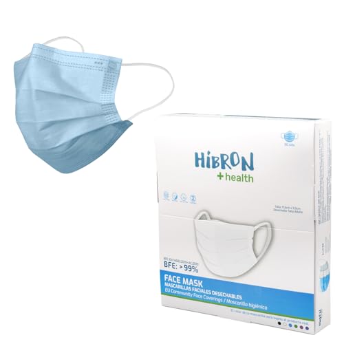 HIBRON 50 Mascarillas Desechables Homologadas Europea, CWA 17553: 2020, BFE  99%, Azul Claro