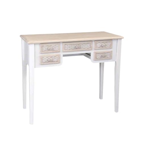 MA MAISON Scrivania Bianca in Legno 90x40x79 cm con 5 Cassetti, Scrittoio Elegante Stile Shabby Charm per Studio, Camera e Cucina
