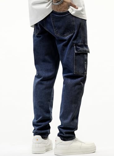 Image of JMIERR Men's Elastic Waist Cargo Jeans Stretch Denim Pants with Drawstring Relaxed Fit for Casual Daily Wear
