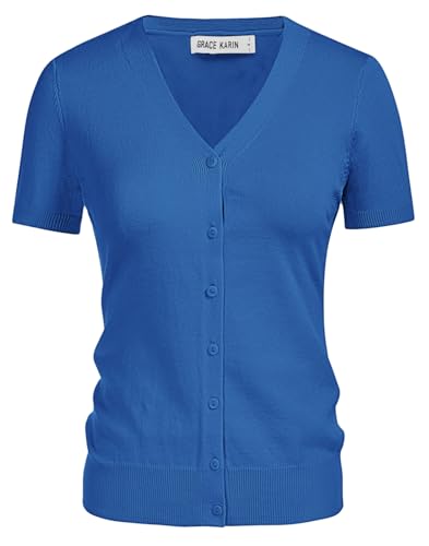 GRACE KARIN Womens Summer Button Down Casual Short Sleeve V-Neck Knit Outfits Cardigan Sweater (Denim Blue,2XL) — view 6