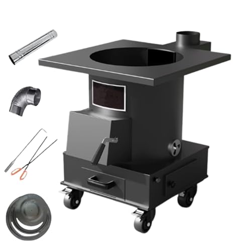 Gasifizierender Gusseisen-Holzofen Für Innenräume Mit 200 Cm Langem Kamin Und Feststellbaren Rollen, Passt Zu Holz Kohle Steinkohle, 250kg Tragfähigkeit(40 * 40 * 61cm)