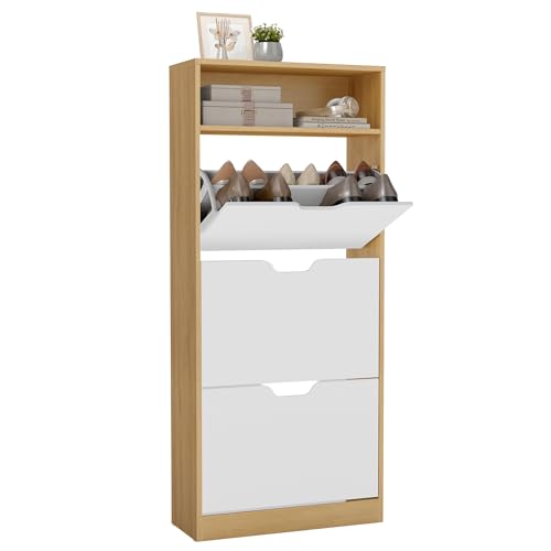 VASAGLE Custos Colección   Zapatero con Compartimiento Abierto y Divisor Ajustable, para Entrada, 3 Puertas Abatibles, 24 x 60 x 139 cm, para 15 18 Pares, Roble Dorado y Blanco Nube LBC046YA02