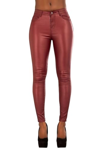 Glook Mulheres de couro PU Leg Leggings Treggins de cintura alta magra elástico lápis Jeggings leggings calças, Vinho, S
