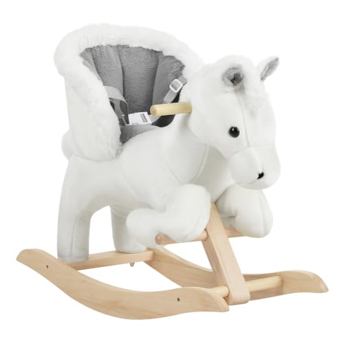 WOLTU Cheval à Bascule en Peluche, Animal à Bascule pour 1/2/3 Ans, Cadeau pour Anniversaire Noël Ceinture de Sécurité Effet Sonore Blanc et Gris