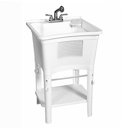 Zenna Home Utility Sink Laundry Tub with Pull-Out Faucet, All-in-One Freestanding Utility Tub for Laundry Room, Basement, Garage, Outdoor Kitchen, 24" L x 24" W x 36.75" H, White by Zenna Home - Used condition - US$108.74