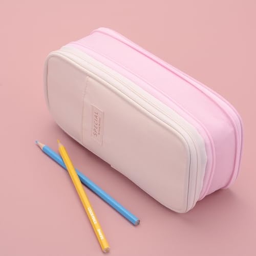 Image of Large Capacity Big Special Cute Aesthetic Preppy Canvas Pencil Case Organizer Holder Pouch Bag with Zipper Compartments, Pen Cases for Women Girls School Adults (Beige /pink)