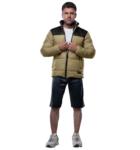 Image of URBAN BUCK Mens Puffer Jacket Midweight Long Sleeve Henry Beige Windproof Winter Recycled Down Water Repellent Climbing Men Coat (XL)