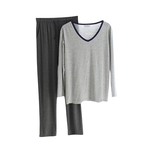 Mens Pajamas Set Solid Crew Neck Loungewear Cozy Sleepwear Long Sleeve Top and Long Pants Pj Set with Pockets