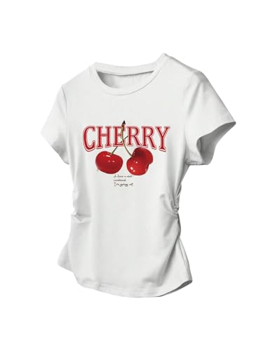 SweatyRocks Girl's Cherry Letter Graphic Tees Slim Fit Crew Neck Short Sleeve Y2K Tops