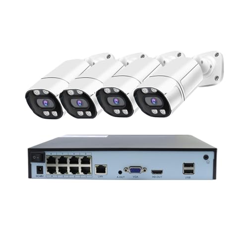 Kits de vigilancia DVR, kit de sistema de seguridad con cámara de vigilancia IP 4K 8MP 4MP 8CH POE con detección de rostros IA, cámara IP inteligente para exteriores (4 MP, 4 piezas, 1 NVR)