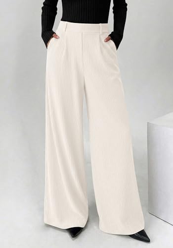 BTFBM Wide Leg Pants for Women Dressy Work Business Casual Elastic High Waisted Trousers Ribbed Lounge Palazzo Pants(White, X-Large) — view 2