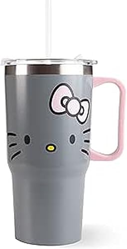 Hello Kitty Gobelet pour enfant, avec couvercle et paille, 540 ml, grand gobelet à paille, avec anse, gris, pour l'école, la maternelle, le sport et les excursions