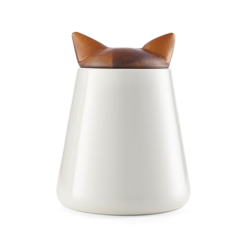 Namb Cat Treat Jar - 5.5 x 7 Decorative Feline Storage Container with Acacia Wood Lid & Porcelain Base - Airtight Countertop Jar for Pet Treats Snacks & Kitchen Dcor