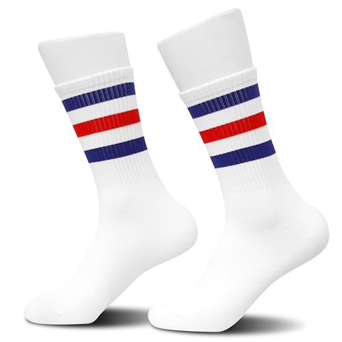 Classic Striped Tube Socks, Back To School Gifts, Soft Cotton Retro Tube Socks For Men, Women& Teens, Fathers Day，1 Pairs, Blue/Red/White - Cotton Graduation Gift For For Men, Women, Teens. (048)