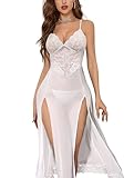 Foxiny Sexy Split Mesh Lace Floral Sheer Babydoll Lingerie Outfit Dress 2 Piece with Thong Set Women Slit Chemise Negligee Long Bridal White Medium