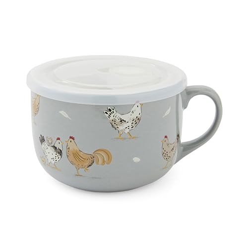 Cooksmart Taza de sopa Hen House Lane, taza de cerámica de 600 ml con tapa de plástico, diseño rústico de gallina de granja, apta para lavavajillas y microondas, ideal para sopas y bebidas calientes
