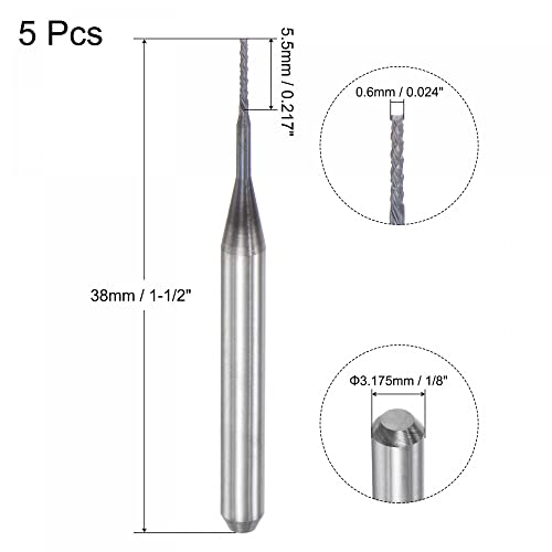 Image of uxcell End Mill CNC Router Bits, 0.6mm x 5.5mm 1 /8 inch Shank Diamond Film Coated Carbide Engraving Bit Milling Cutter Left Hand for PCB Plastic Fiber Wood 5pcs