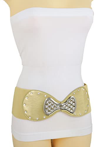 TrendyFashionJewelry Women Elastic Waistband Belt Hip High Waist Bow Tie Ribbon Buckle Fit Size S M Gold4