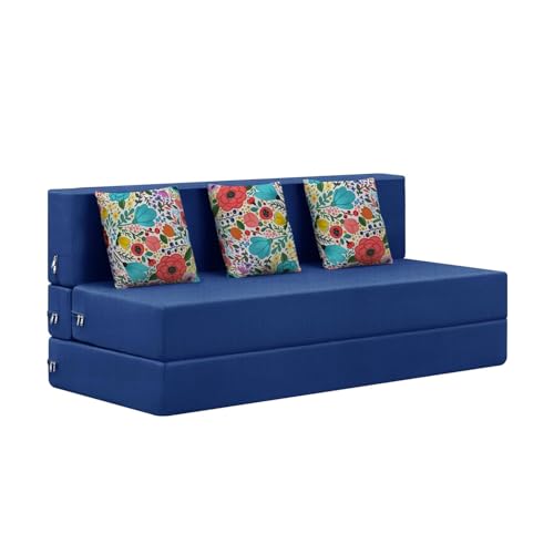 Image of Rosebell Sofa Cum Bed Three Seater, Foldable Sofa Bed 5 X 6 Feet, Jute Fabric- Washable Cover- Including Two Cushion Perfect for Home & Office - Blue