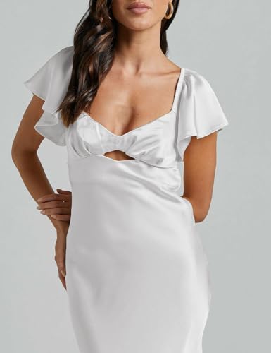 Image of Summer Satin Flutter Sleeve Wedding Guest Dresses for Women Sweetheart Neckline Cutout Tie Back Midi Cocktail Dress