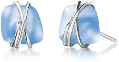Sea Glass Earrings S990 Sterling Silver Hypoallergenic Handmade Stud Post Earrings Beach Glass Fashion Statement Handcraft Jewelry for Women Girls, 8mm Light Blue