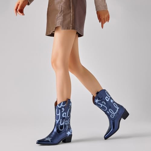 Image of Metallic Cowboy boots for Women Embroidered Mid Calf Womens Cowgirl Boots Western Pointed Toe Chunky Heel