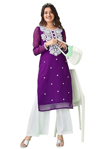 Image of HESVI Women's Georgette White Lakhnavi Chikankari Kurti with Intricate Embroidery Work