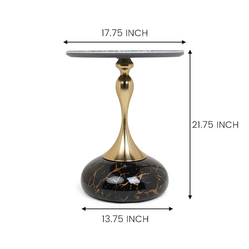 Image of Round Side Table with Marble Top, Brushed Golden Pedestal Base, Metal Base with Marble Effect, Modern Accent Table for Living Room, Bedroom (Midnight Black)