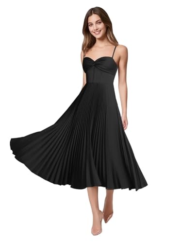 Spaghetti Straps Bridesmaid Dresses for Women Satin Pleated Tea Length Prom Dress A-Line Flowy Midi Evening Party Gown