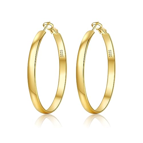 EXGOX Pendientes Mujer Plata 5MM Ancho Pendientes Aro Mujer Hipoalergenicos Pendientes Plata de Ley 925 Grandes Pendientes Dorados 14K Pendientes Aros Dorados 30/40/50/60/70mm
