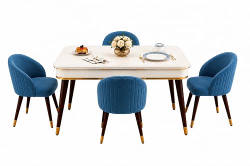 Image of WOODEN SPACE 4 Seater Wooden Dining Table Set | Urban Marble Top Dining Table with Chairs for Dining Room & Kitchen (Majestic Classic Backline Blue) (42 x 42 x 30 inch)