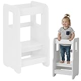 ComfortCove Torre de Aprendizaje, Torre Aprendizaje Montessori, Learning Tower Infantil, Taburete Montessori Ajustable de Madera, Altura Ajustable en 3 Niveles, Toddler Tower, Blanco