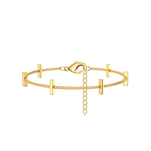 Image of Womens Dainty Gold Chain Bracelet,Simple Layered Chain Bracelets,Beaded Turquoise Bracelet,Charm Crystal Bar,Heart,Karma,Triangle,Pearl Bracelets for Women