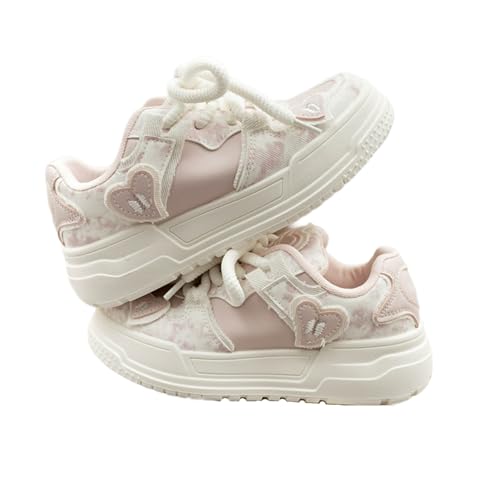 Cute Heart White Sneakers for Women Platforms Puppy Lightning Heart Decor Lace-up Macaron Colors 1.8