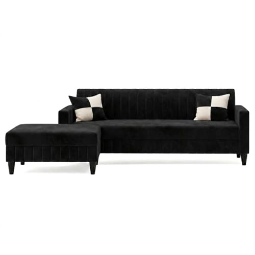 Image of FURNY Gracina 4 Seater L Shape Sofa Set with Movable Ottoman | Flexible Left or Right Layout | Plush Velvet Fabric (Black) | Perfect for Living Room, Guest Room & Office